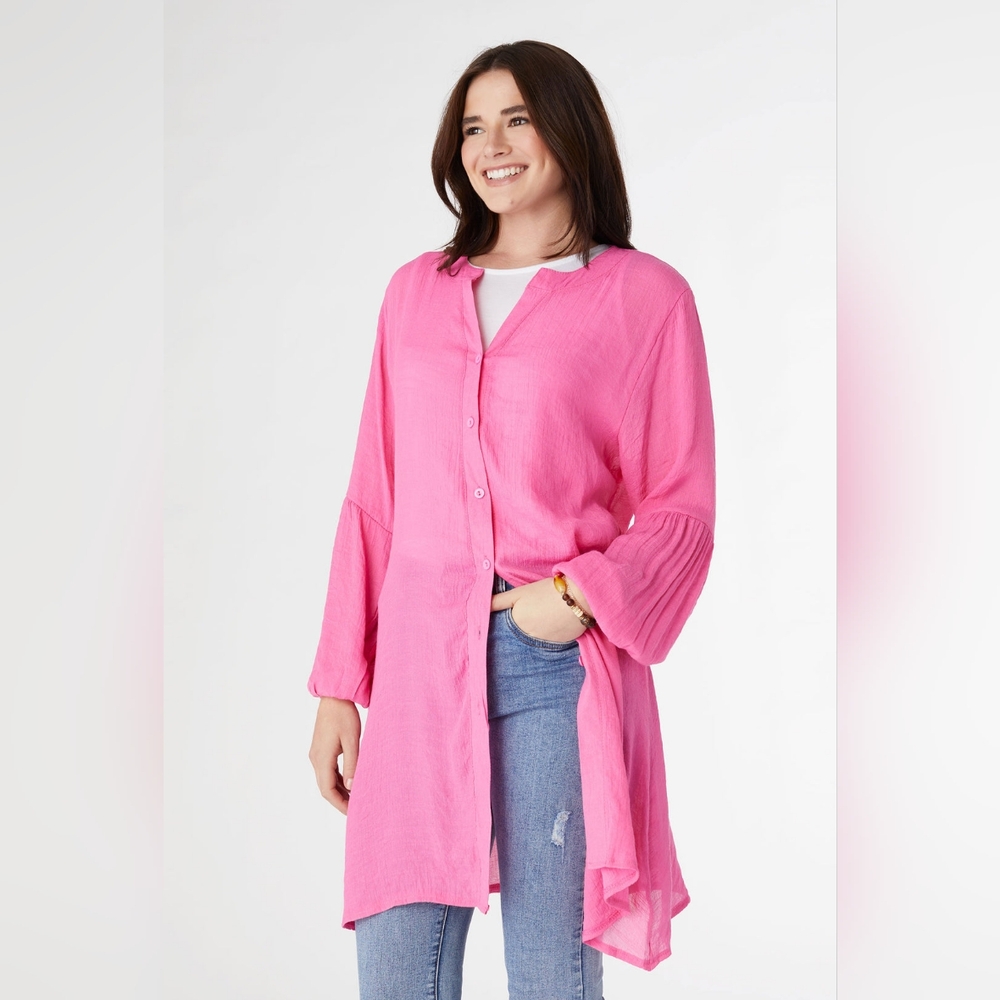 Coco + Carmen Vibrant Pink Button-Up Tunic Kimono Coverup NWT